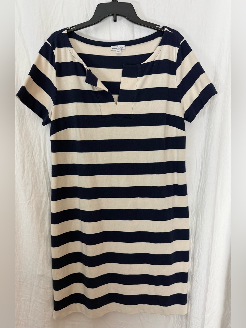 L.L. Bean Navy and Cream Striped Short Sleeve Notch Dress